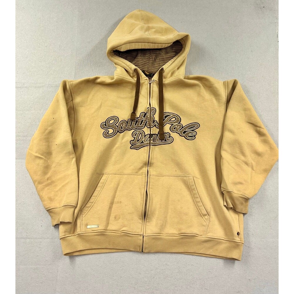 Vintage Southpole Y2K Full Zip Hoodie XL Tan Houndstooth Hood Streetwear 2000s